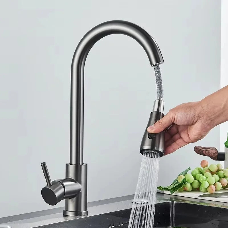 stainless steel faucet bathroom sink single hole pull-out 360-degree rotating spout cleaning faucet