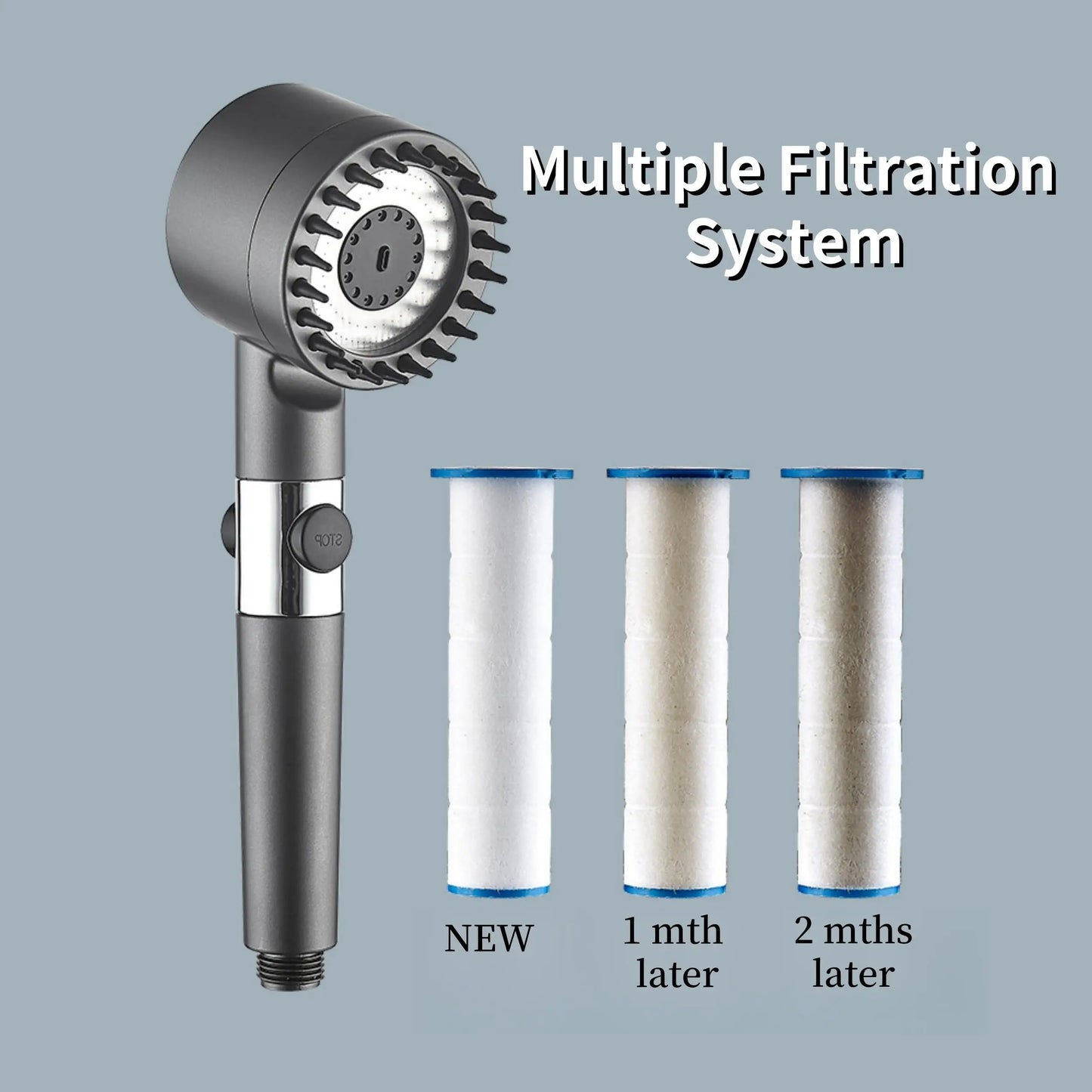 3pcs Filter Elements High Pressure Filtered Shower Head With Handheld Showerhead, ON/OFF Switch, A Bracket, and Hose